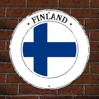 Finland National Flag Retro Metal Art Sign Rustic Chic Style Aluminum Round Tin Sign Wall Art Hanging Decor Rust Free Weatherproof Patriotic Metal Wreath Signs Finland for Cafe Pub Bar Porch 12x12in