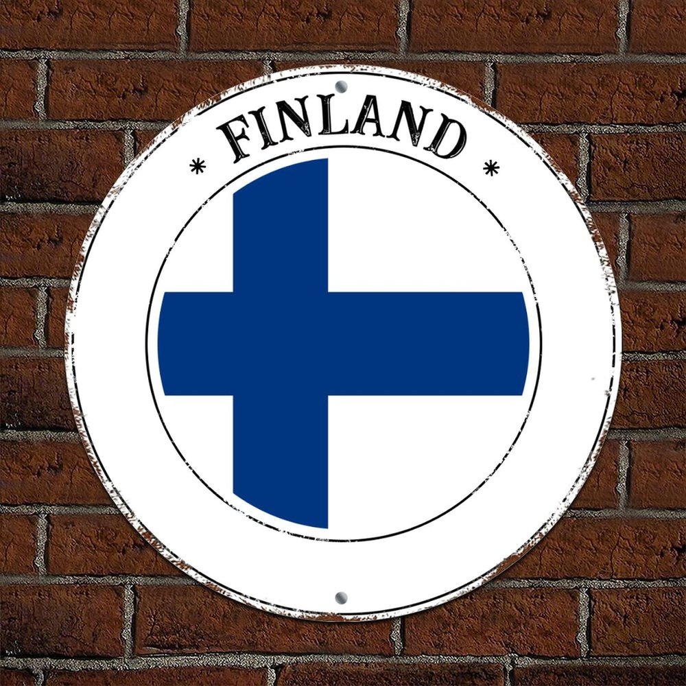 Finland National Flag Retro Metal Art Sign Rustic Chic Style Aluminum Round Tin Sign Wall Art Hanging Decor Rust Free Weatherproof Patriotic Metal Wreath Signs Finland for Cafe Pub Bar Porch 12x12in