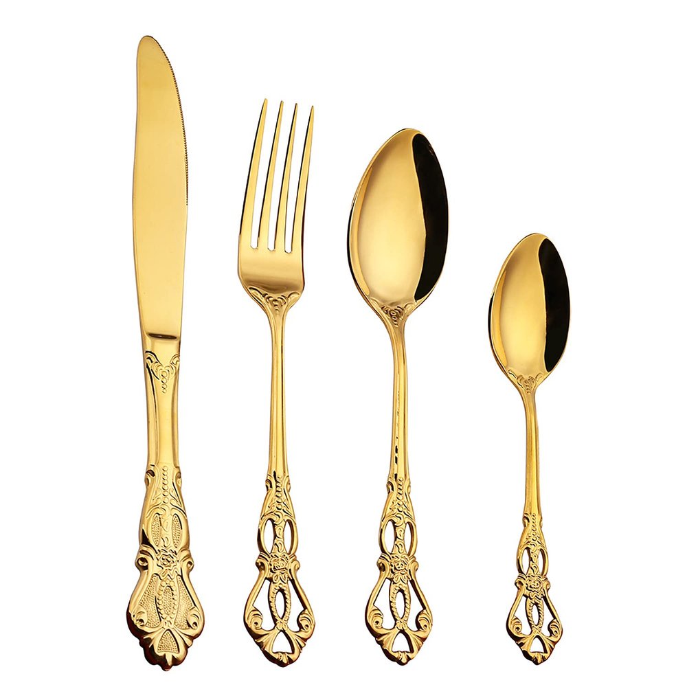 48 Piece Gold Silverware Set for 12 Durable 18/10 Stainless Steel Flatware Sets Vintage Hollow Handle Palace Design Kitchen Restaurant Weeding Cutlery Utensils Include Teaspoon Spoon Knife Fork