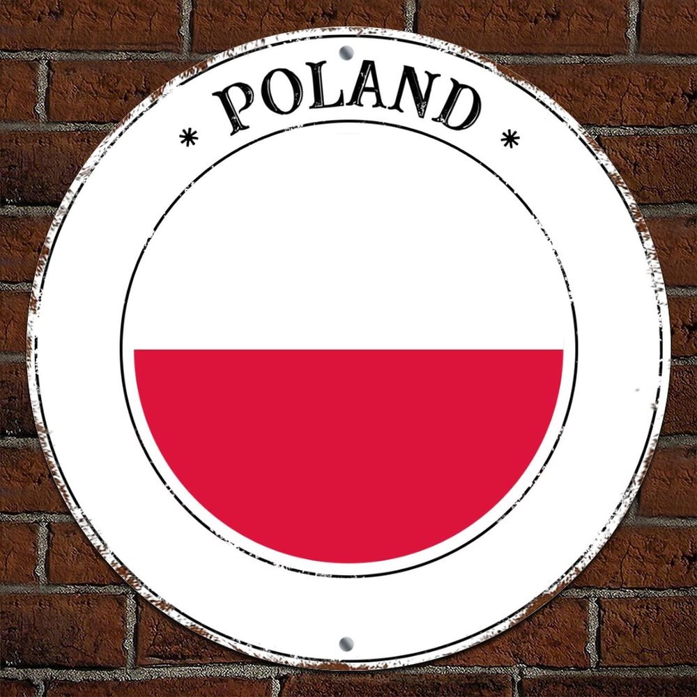Poland Flag Retro Street Hanging Signs Wall Art Decor Aluminum Metal Round Tin Sign Chic Style Rust Free Weatherproof Patriotic Metal Wreath Signs Poland for Farmhouse Living Room Restaurants 15x15in