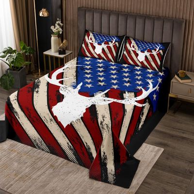 American Flag Retro Bedspread King Size,Deer Antlers Animal Quilted Coverlet,Boys Adults Xmas/Bedroom Decor,Red Blue Stars Striped Coverlet Set,Rustic Hunting Farmhouse Bedding Quilt,2 Pillowcases