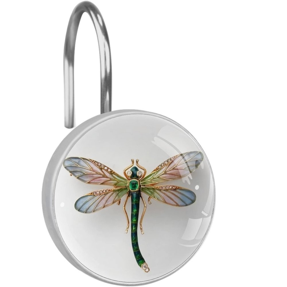 wooford Dragonfly Gemstone 12PCS Rustproof Stainless Steel Shower Curtain Hooks, Shower Curtain Rings - Shower Hooks for Curtain Shower Rings, 3.7x3.7cm