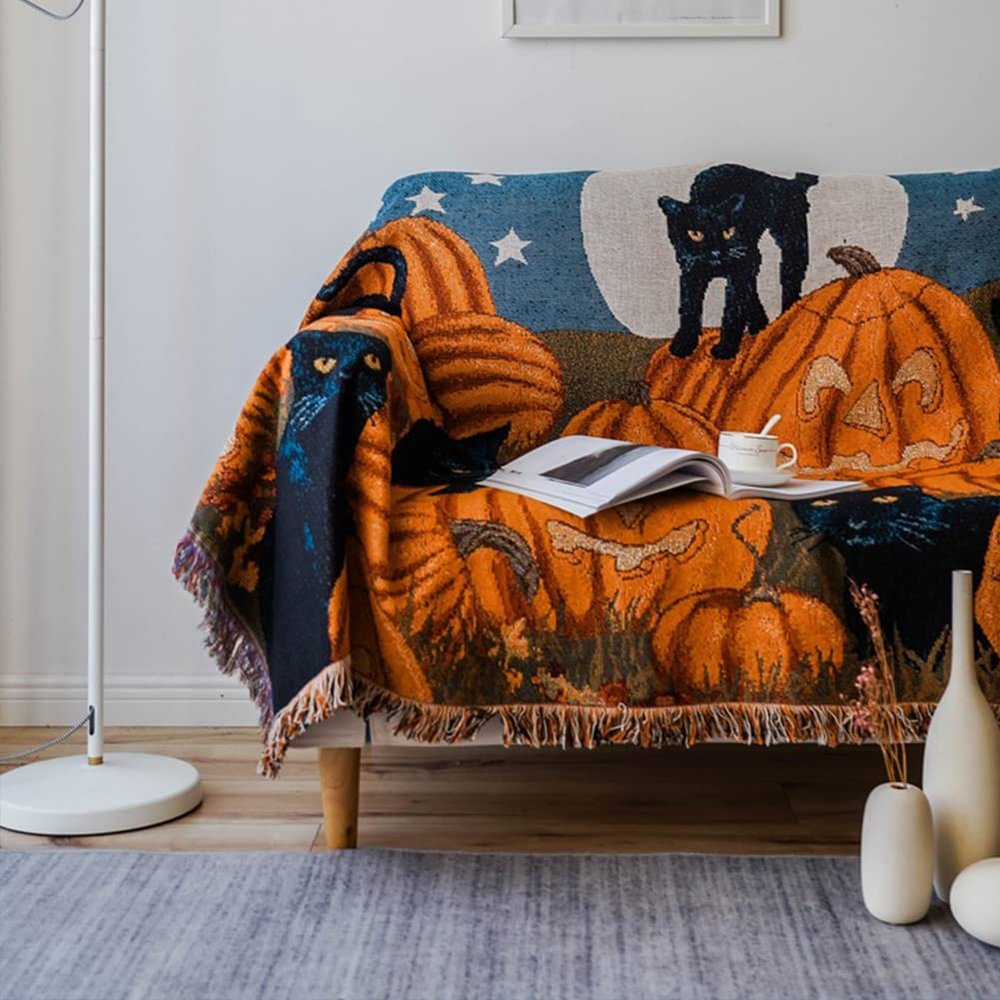 QAHEART Halloween Pumpkin Black Cat Blanket Fringe Flannel Soft Throw Blanket Decorative for Home Sofa Couch Chair Living Bedroom