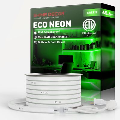 Shine Decor LED Rope Lights AC 120V, Connectable & Cuttable Dotless 120LEDs/M Eco Neon Strip Lighting, ETL IP65 Waterproof & Weather-Resistant for Home Commercial, 8x16mm, Green, 65.6FT