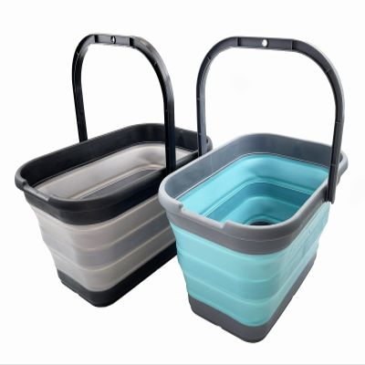 SAMMART 12L (3.1 Gallon) Collapsible Rectangular Handy Bucket/Multiuse Foldable Water Pail for Camping, Fishing (Alloy Grey + Crystal Blue (Set of 2))