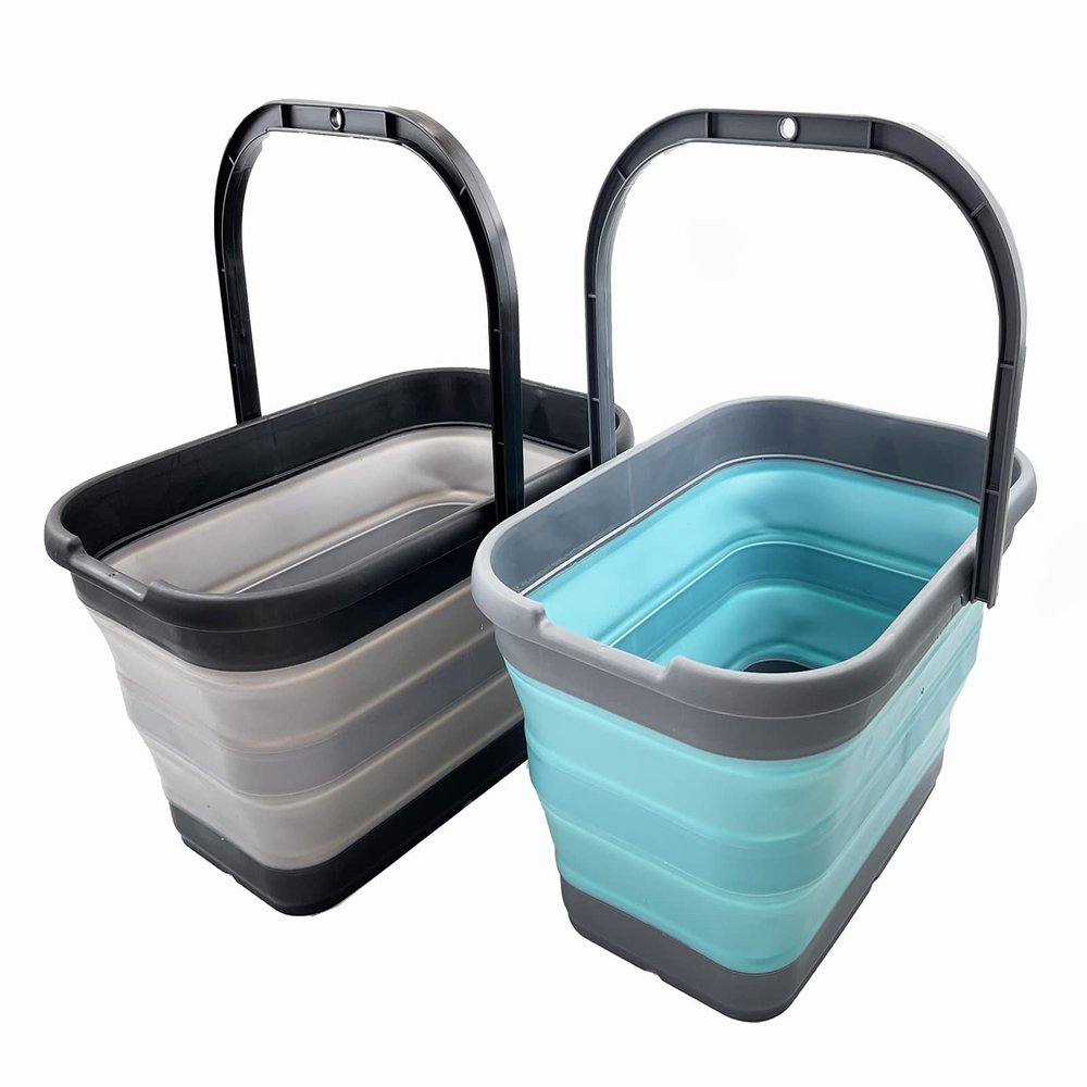 SAMMART 12L (3.1 Gallon) Collapsible Rectangular Handy Bucket/Multiuse Foldable Water Pail for Camping, Fishing (Alloy Grey + Crystal Blue (Set of 2))