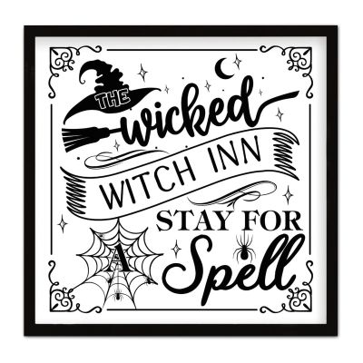 COCOKEN The Wicked Witch Inn Stay for A Spell Sign Wood Framed Halloween Wooden Plaque with Frame 12" x 12" Word Art Spider Web Printed Hanging Wall Art Decor for Living Room Bedroom Dinning Room