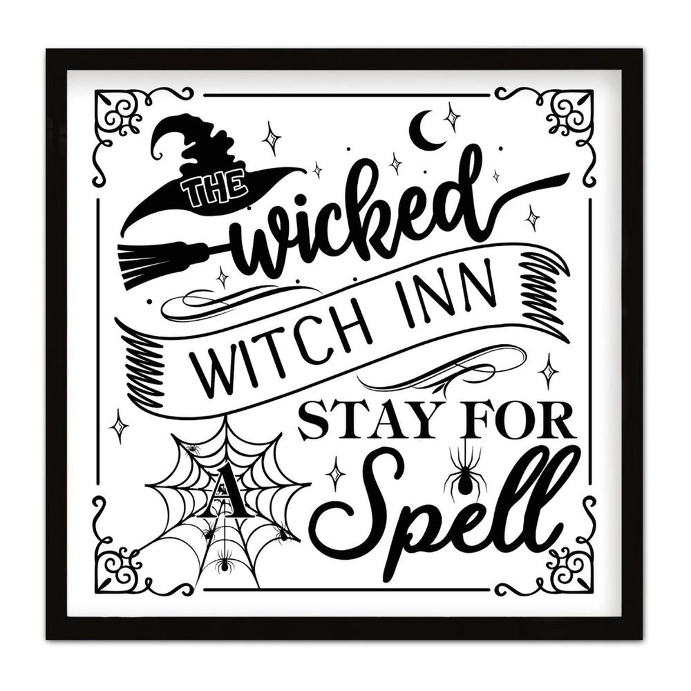 COCOKEN The Wicked Witch Inn Stay for A Spell Sign Wood Framed Halloween Wooden Plaque with Frame 12" x 12" Word Art Spider Web Printed Hanging Wall Art Decor for Living Room Bedroom Dinning Room