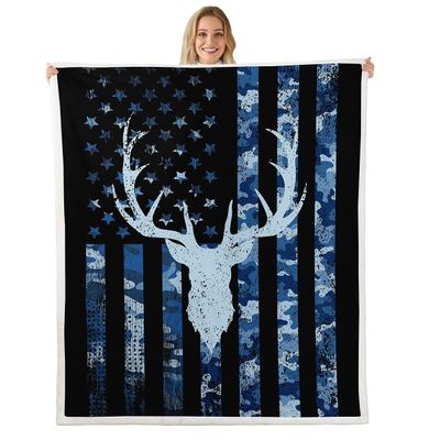 Camo Deer Antlers Kids Throw Blanket,American Flag Vintage Bed Blanket,Girls Boys Adults Sofa/Xmas Decor,Animal Hunt Stripes Fleece Blanket,Rustic Farmhouse Fuzzy Blanket,Queen Size (90 x 90 Inches)