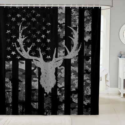 Kids Camo American Flag Shower Curtains,Deer Antlers Silhouette Animal Bathroom Curtains,Girls Boys Adults Xmas/Bedroom Decor,Rustic Retro Black Grey Waterproof Curtains,12 Hooks Suits,72" W x 72" L
