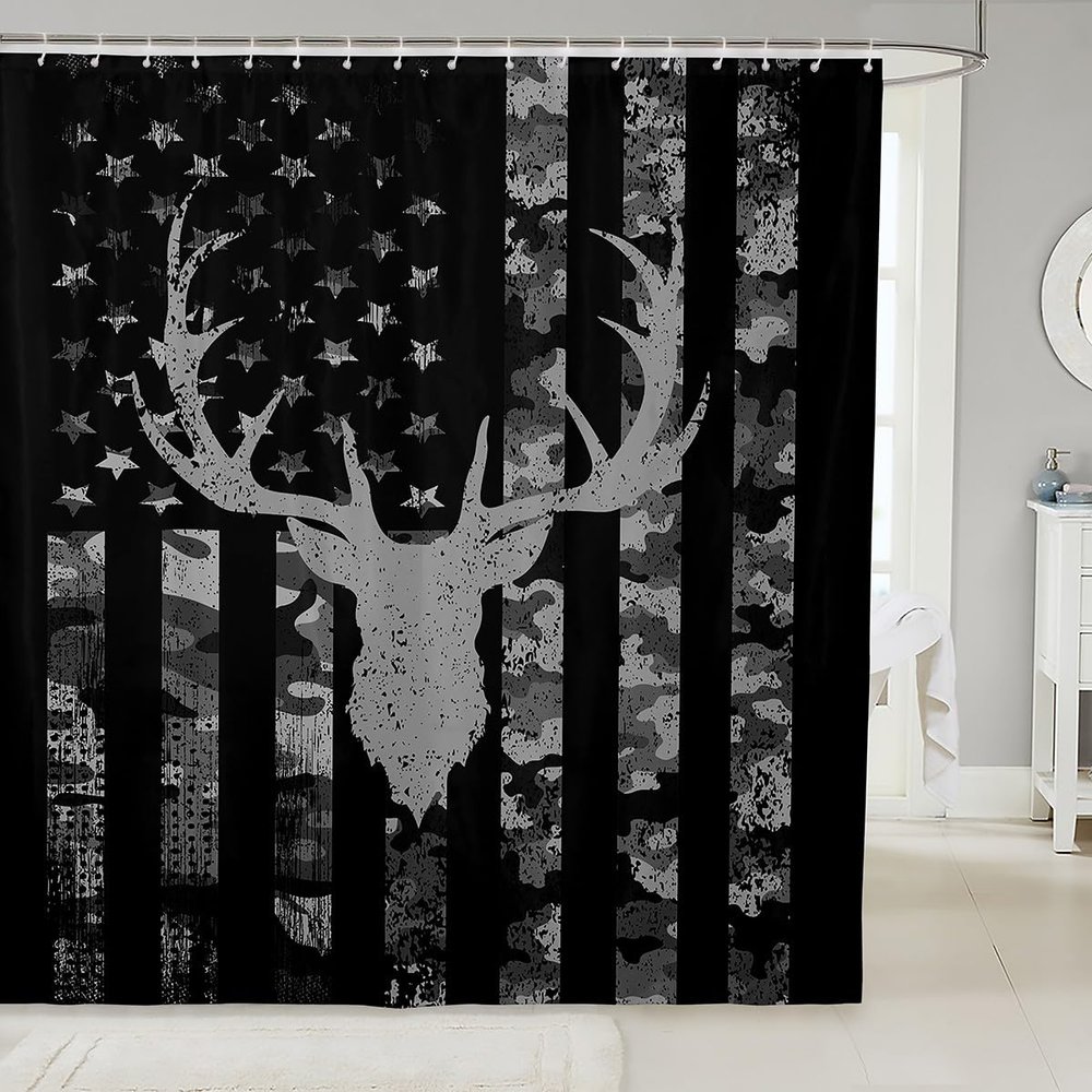 Kids Camo American Flag Shower Curtains,Deer Antlers Silhouette Animal Bathroom Curtains,Girls Boys Adults Xmas/Bedroom Decor,Rustic Retro Black Grey Waterproof Curtains,12 Hooks Suits,72" W x 72" L