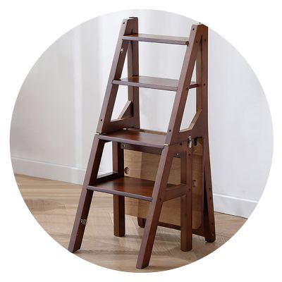 Folding Ladder Stools, Convertible Solid Wood Ladder Chair for Library Garden, Balcony Portable Display Flower Stand, Save Space, Height 90CM (Color : Walnut Color)