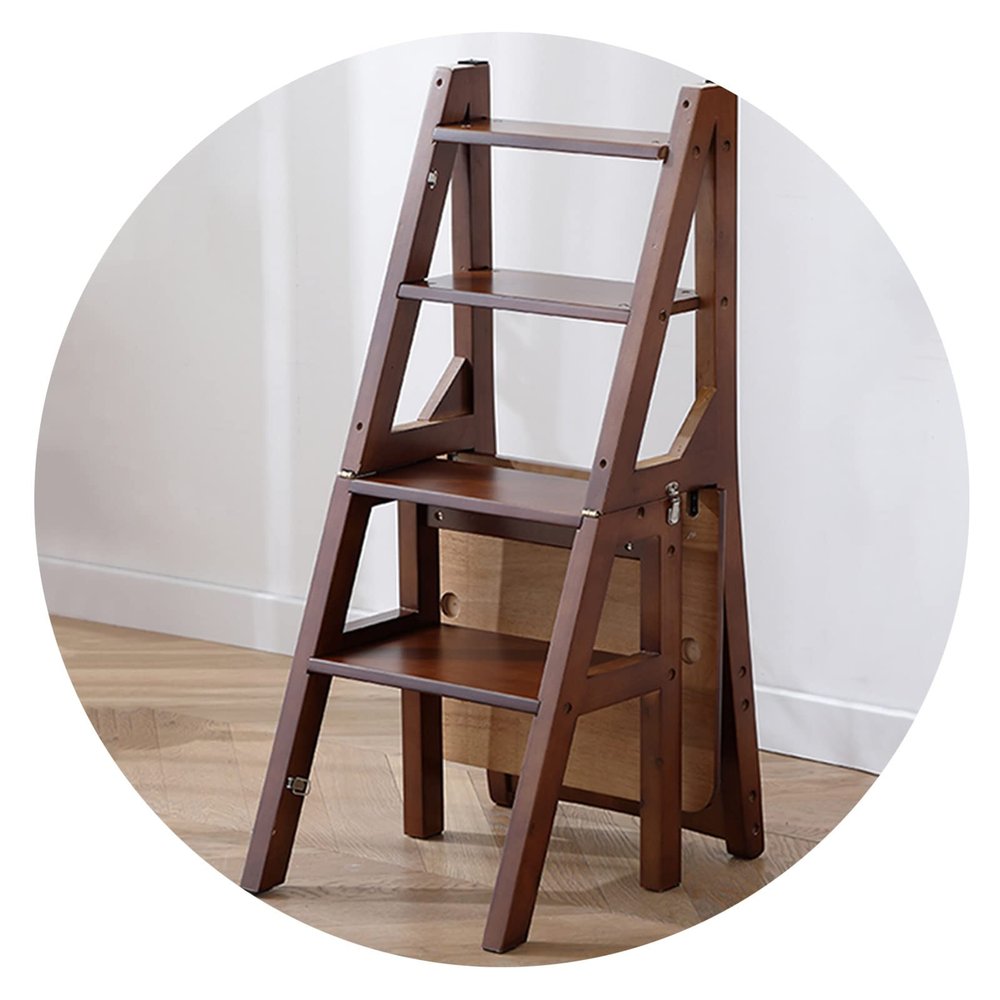 Folding Ladder Stools, Convertible Solid Wood Ladder Chair for Library Garden, Balcony Portable Display Flower Stand, Save Space, Height 90CM (Color : Walnut Color)