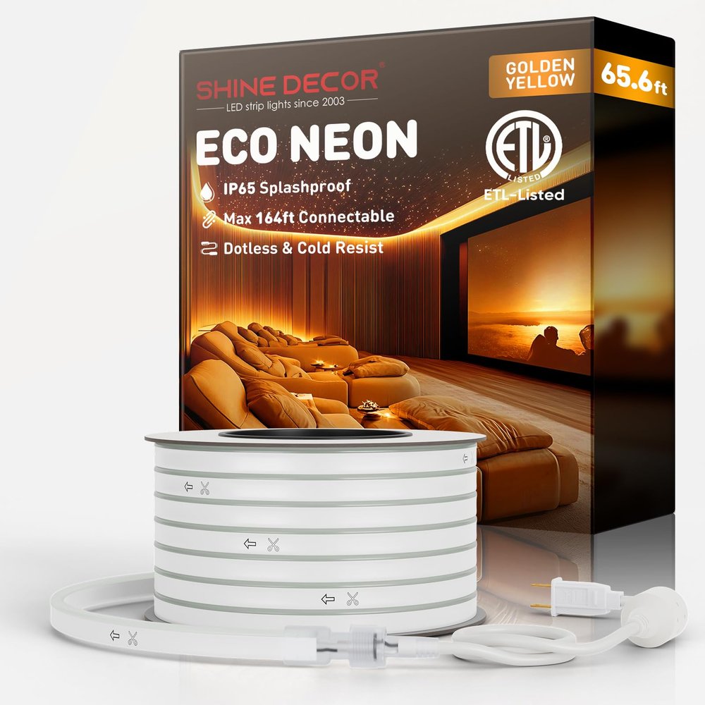 Shine Decor LED Rope Lights AC 120V, Connectable & Cuttable Dotless 120LEDs/M Eco Neon Strip Lighting, ETL IP65 Waterproof & Weather-Resistant for Home Commercial, 8x16mm, Gold, 65.6FT