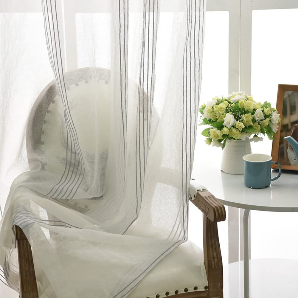 Grey Vertical Striped Sheer Curtains 96 Inch,Rod Pocket Voile Drapes for Bedroom,Living Room,Semi Crinkle Voile Window Treament Curtain Panels for Patio,Parlor,Yard,Villa,2 Panels,Each W50''x L96''