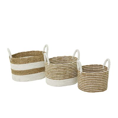 CosmoLiving by Cosmopolitan Seagrass Handmade Two Toned Storage Basket with Handles, Set of 3 19", 16", 13"W, Brown