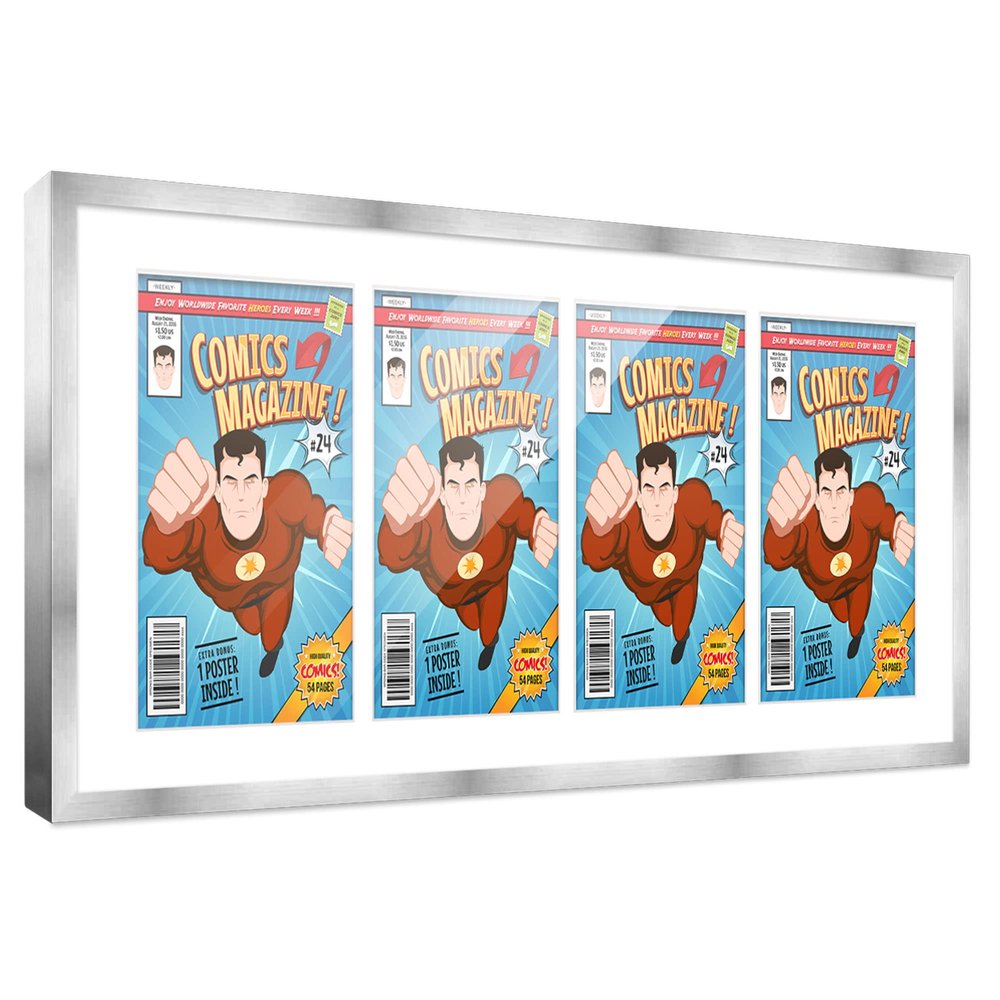 Poster Palooza Comic Book Frame Wall Display with Mat for 4 Bronze Age Comics Published Between 1970 and 1985 - Silver Comic Frame for 7.25x10.5 Comics