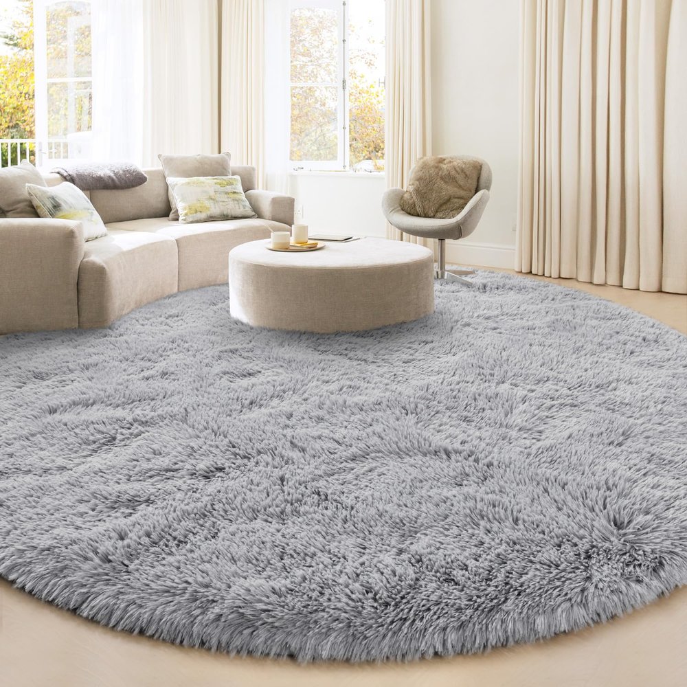 KIXINWA Round Rug for Bedroom, 5x5 Fluffy Soft Circle Area Rugs for Living Room, Washable Plush Shaggy Indoor Floor Bedside Kids Girls Nursery Room Circular Carpet, Home Decor Aesthetic, Grey
