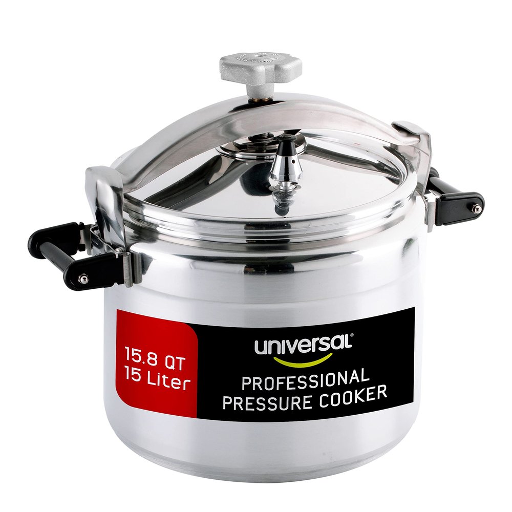 Universal (Large) 15.8-Quart Aluminum Pressure Cooker for Professional Use  Commercial-Grade, 1 Safety Valve, Reinforced Handles, Easy-Open Lid,  Ideal for Large Kitchens, and Restaurants