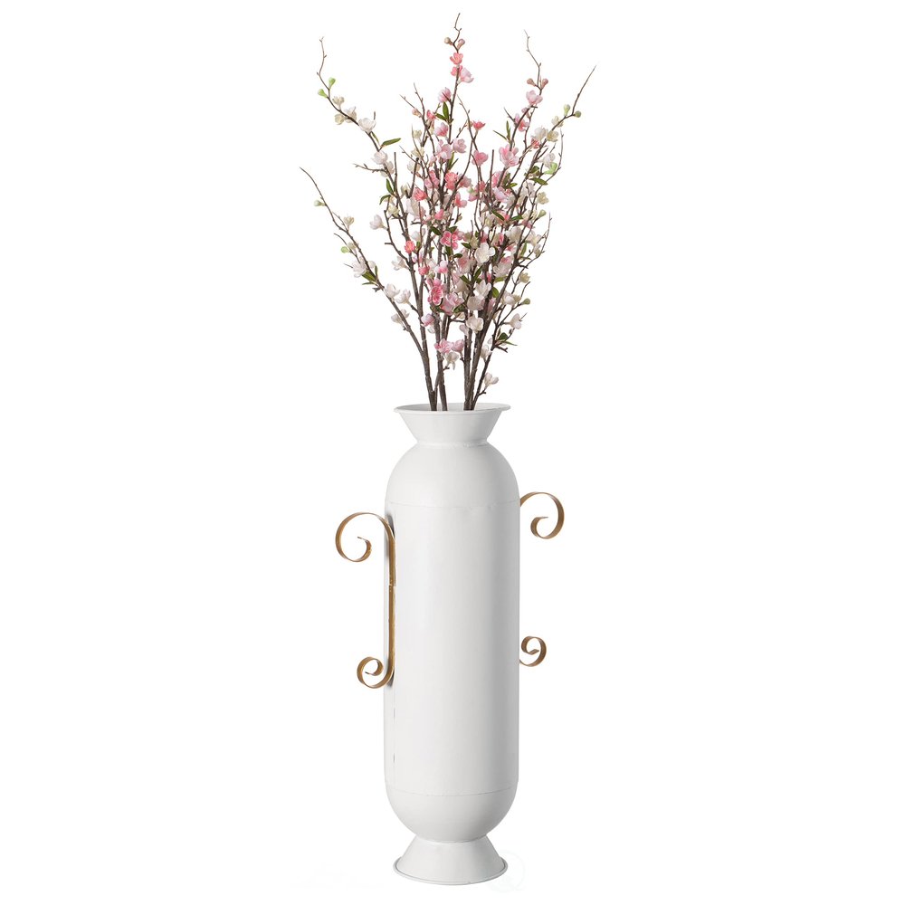 19.25 in Tall Decorative White Metal Floor Vase with 2 Gold Handles - Elegant Handcrafted Chic Vessel for Entryway, Living Room, or Dining Room - Modern Home Decor Accent - Tall Floor Standing Vase