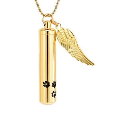 SHEIL Dog Cat Paw Print Cylinder Stainless Steel Cremation Necklace for Ashes with Angel Wing Charm Memorial Urn Jewelry