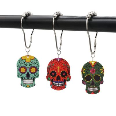Skull Shower Curtain Hooks for Halloween Bathroom Decor Set - Rustproof Metal Stainless Steel Shower Curtain Rings Set of 12 with Gothic Flower Unique Skull Bathroom Decorative Shower Curtain Rod DIY