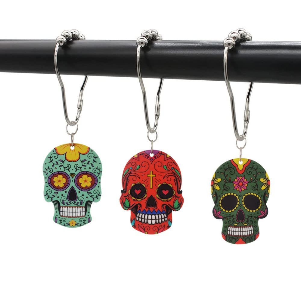 Skull Shower Curtain Hooks for Halloween Bathroom Decor Set - Rustproof Metal Stainless Steel Shower Curtain Rings Set of 12 with Gothic Flower Unique Skull Bathroom Decorative Shower Curtain Rod DIY