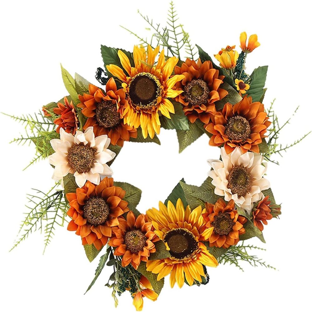 Artificial Sunflower Wreath Autumn Wreath Front Door Wreath Fake Flower Garland for Thanksgiving Halloween Party Home Decor