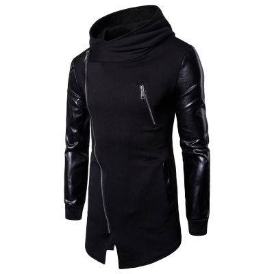 Men's Asymmetric Zip Irregular Hoodie Faux Leather Motorcycle Hooded Jacket Vintage PU Leather Biker Hoodies Coat (Black,XX-Large)