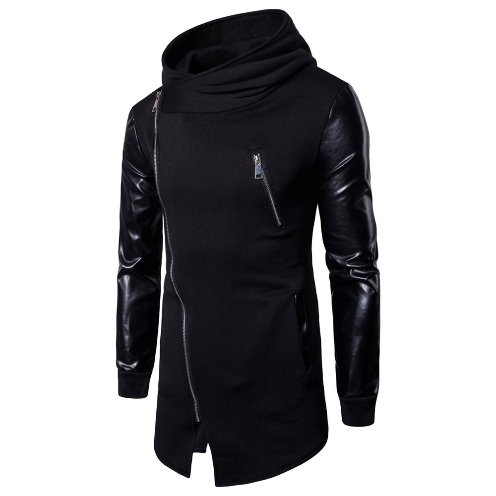 Men's Asymmetric Zip Irregular Hoodie Faux Leather Motorcycle Hooded Jacket Vintage PU Leather Biker Hoodies Coat (Black,XX-Large)