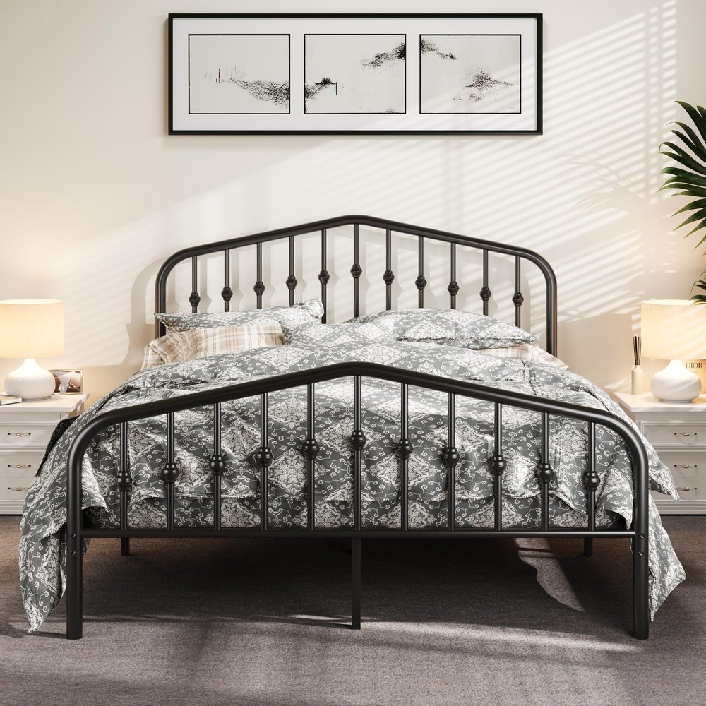 Allewie Queen Size Platform Metal Bed Frame with Chic Headboard and Footboard, Modern Design with Storage Space, Easy Assembly, Black