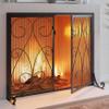 Kingson 2-Panel Fireplace Screen with Doors Handcrafted Wrought Iron Decorative Mesh, Symmetric Scroll Fire Spark Guard-Black view 2