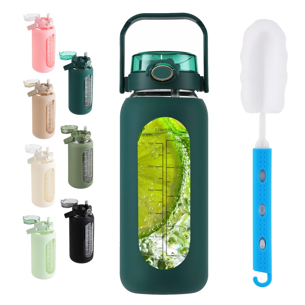 SIEROZUR 52oz Glass Water Bottle with 2-in-1 Straw Lid Large Half Gallon Water Bottle with Time Marker & Removable Silicone Sleeve,Wide Mouth BPA-Free Borosilicate Bottle for Gym, Workout & Daily Use
