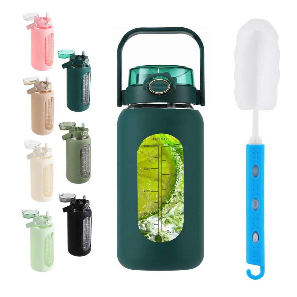SIEROZUR 42oz Glass Water Bottle with 2-in-1 Straw Lid Large Half Gallon Water Bottle with Time Marker & Removable Silicone Sleeve,Wide Mouth BPA-Free Borosilicate Bottle for Gym, Workout & Daily Use