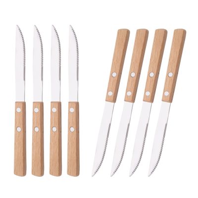 Uniturcky Dinner Knives Set of 8-8.15 inches Wooden Serrated Knives - 304 Stainless Steel Flatware with Square Wood Handle, Mirror Polished