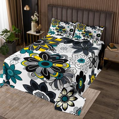 70s Retro Hippie Bedspread Groovy Flower Quilted Duvet King Size for Adult Men Women Boho Vintage Psychedelic Floral Coverlet Set Girls Bohemian Aesthetic Style Paisley Bedspread with 2 Pillowcases