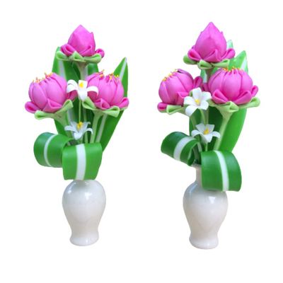 A Pair of Fake Flower Clay Lotus with Ceramic Vase for Buddha Worship