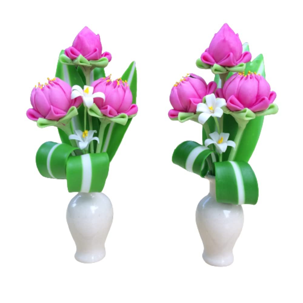 A Pair of Fake Flower Clay Lotus with Ceramic Vase for Buddha Worship