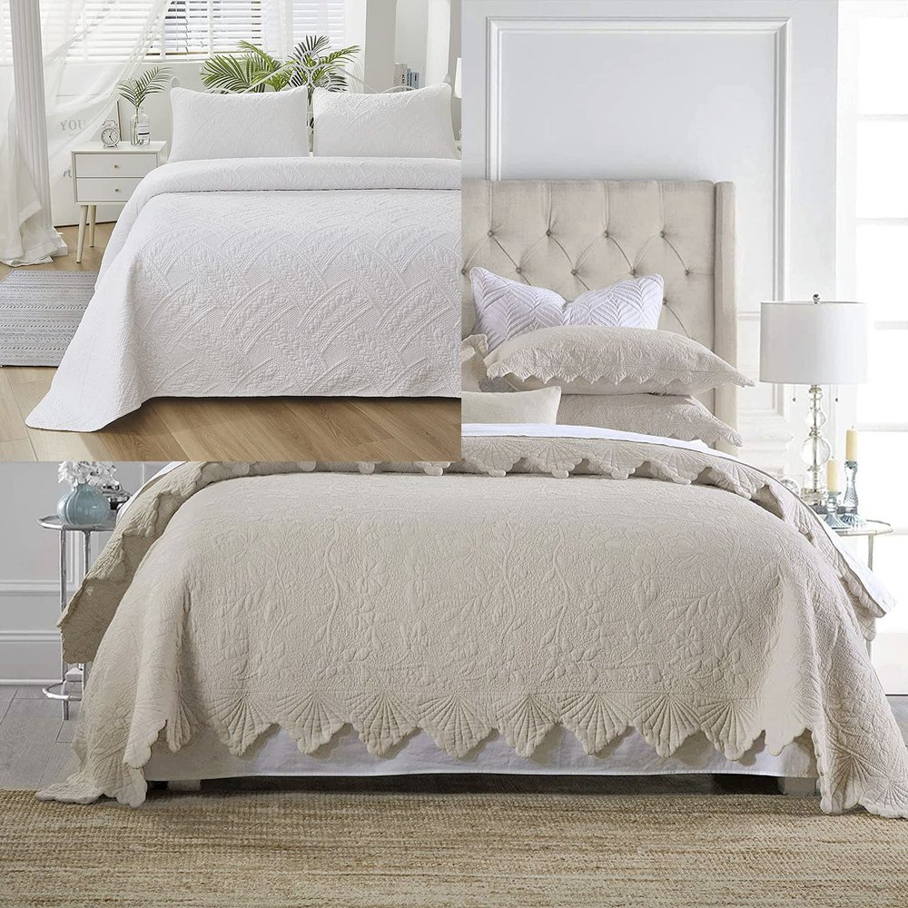 Brandream 6PC Beige Quilts Set King Size Luxury Farmhouse Comforter Set Cotton Quilted Bedspreads Coverlet Set