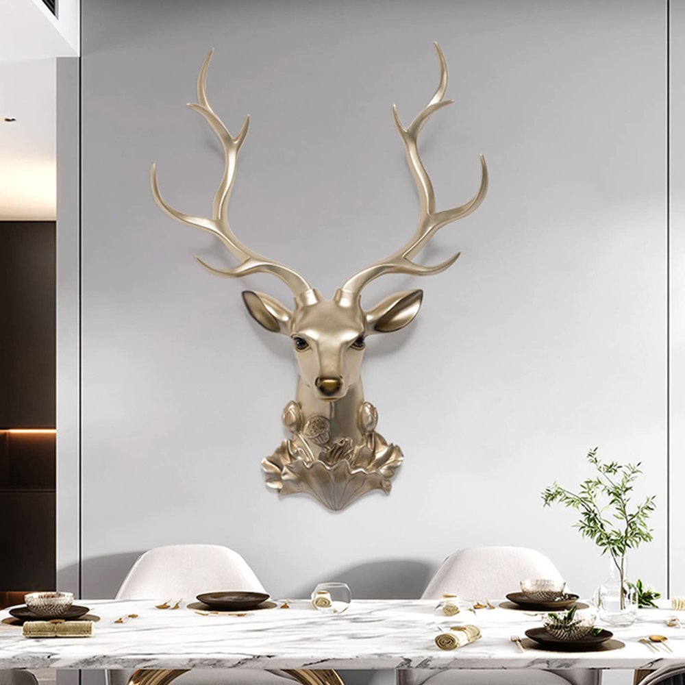 Deer Head Wall Sculptures Home Decor,Wall Mounted Faux Antlers Wall Sculptures,Faux Taxidermy Animal Head Wall Decor,Handmade Resin Head Sculptures,for Office Bar Holiday Home Decoration
