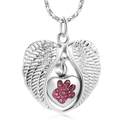 SHEIL Crystal Dog Paw Heart Urn Necklace with Angel Wing Cremation Jewelry for Ashes of Pet Keepsake Memorial Pendant