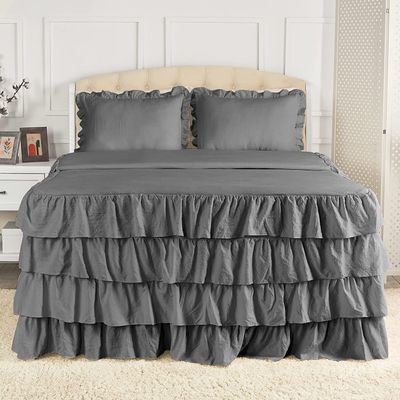 Dainty Homes -11 Pcs. Luxury Multi Ruffle Bedspread,Comforter,Sheet Set, and Bed Runner with Cushion Cover 100% Egyptian Cotton 600-TC- Full Size 20" Deep Pocket (Solid Gray)