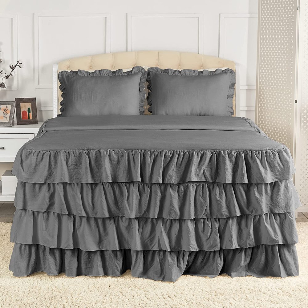 Dainty Homes -11 Pcs. Luxury Multi Ruffle Bedspread,Comforter,Sheet Set, and Bed Runner with Cushion Cover 100% Egyptian Cotton 600-TC- Full Size 20" Deep Pocket (Solid Gray)