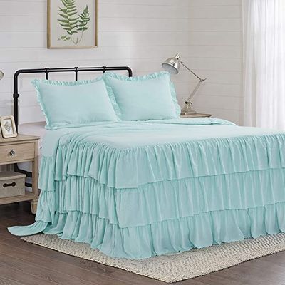 Dainty Homes -11 Pcs. Luxury Multi Ruffle Bedspread,Comforter,Sheet Set, and Bed Runner with Cushion Cover 100% Egyptian Cotton 600-TC- Full Size 20" Deep Pocket (Solid Aqua)