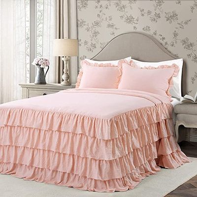 Dainty Homes -11 Pcs. Luxury Multi Ruffle Bedspread,Comforter,Sheet Set, and Bed Runner with Cushion Cover 100% Egyptian Cotton 600-TC- Full Size 20" Deep Pocket (Solid Blush)