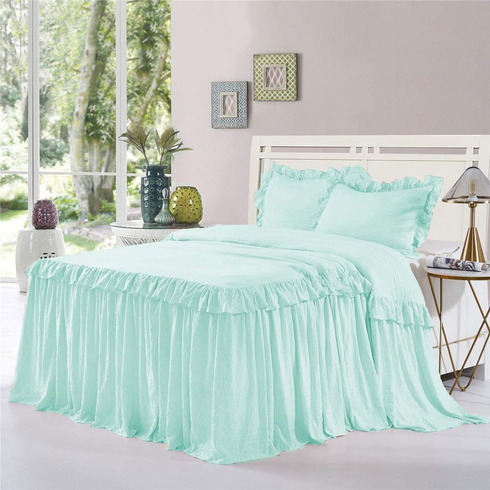 Dainty Homes -11 Pieces Dual Ruffle Bed Spread,Comforter,Sheet Set, and Bed Runner with Cushion Cover 100% Egyptian Cotton 600-TC- Full XL Size25 Deep Pocket (Solid Aqua)