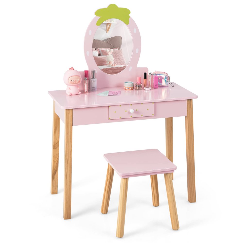 Costzon Kids Vanity Set with Mirror, Wooden Princess Makeup Dressing Table with Stool & Storage Drawer, Toddler Girl Vanity Table and Chair Set, Pretend Play Vanity Set for Little Girls, Pink