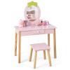 Costzon Kids Vanity Set with Mirror, Wooden Princess Makeup Dressing Table with Stool & Storage Drawer, Toddler Girl Vanity Table and Chair Set, Pretend Play Vanity Set for Little Girls, Pink view 1