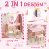 Costzon Kids Vanity Set with Mirror, Wooden Princess Makeup Dressing Table with Stool & Storage Drawer, Toddler Girl Vanity Table and Chair Set, Pretend Play Vanity Set for Little Girls, Pink view 2