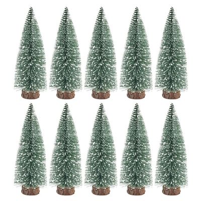 10Pcs Christmas Bottle Brush Pine Tree, Mini Sisal Snow Frost Trees with Wood Base for Village Holiday Party XmasTable Top Decor